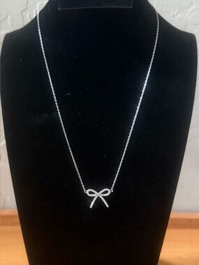 Silver Bow Necklace 18” Dainty CZ Rhinestone Pendant